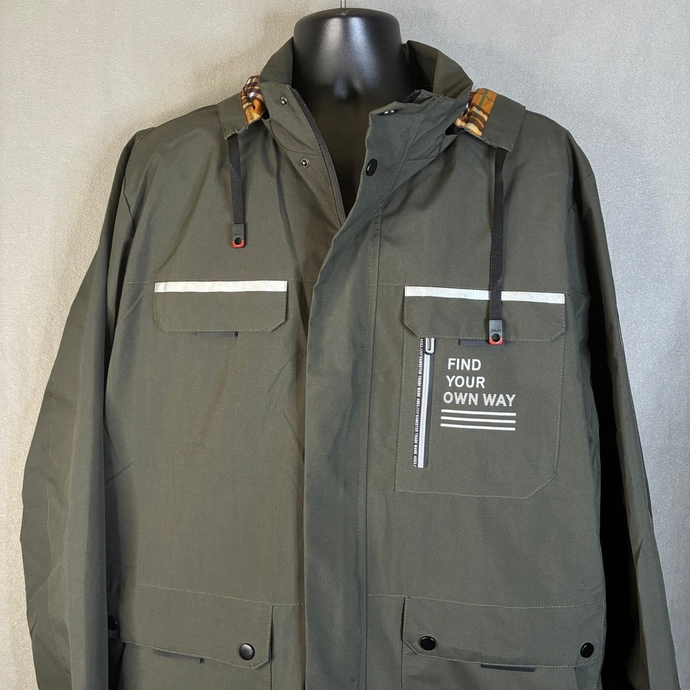 Loveoilife LDTNOR Olive Green Hooded Field Jacket Plaid Lining XXL Reflective - Picture 4 of 16